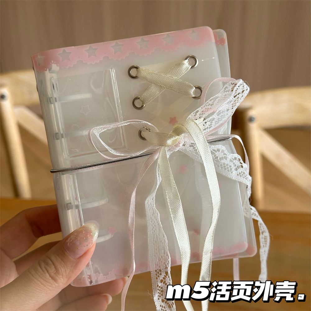 INS Pink Lace Ribbon M5 Loose-Leaf Planner PVC Cover with Elastic Band Diary Card Holder