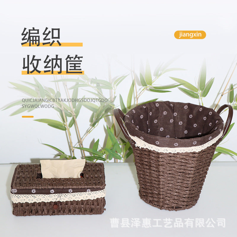 Woven Desktop Storage Basket Fabric Tissue Box Braided Storage Basket Straw Woven Ins Style Rattan Woven Willow Basket