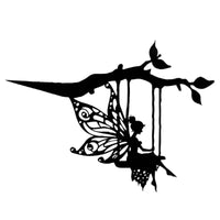 Black Metal Pixie Swinging on Tree Stump Figurine, Magical Forest Theme Decor