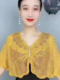 Knitted Poncho Shawl with Brooch - Lightweight Sun Protection Cover-Up for Spring/Summer