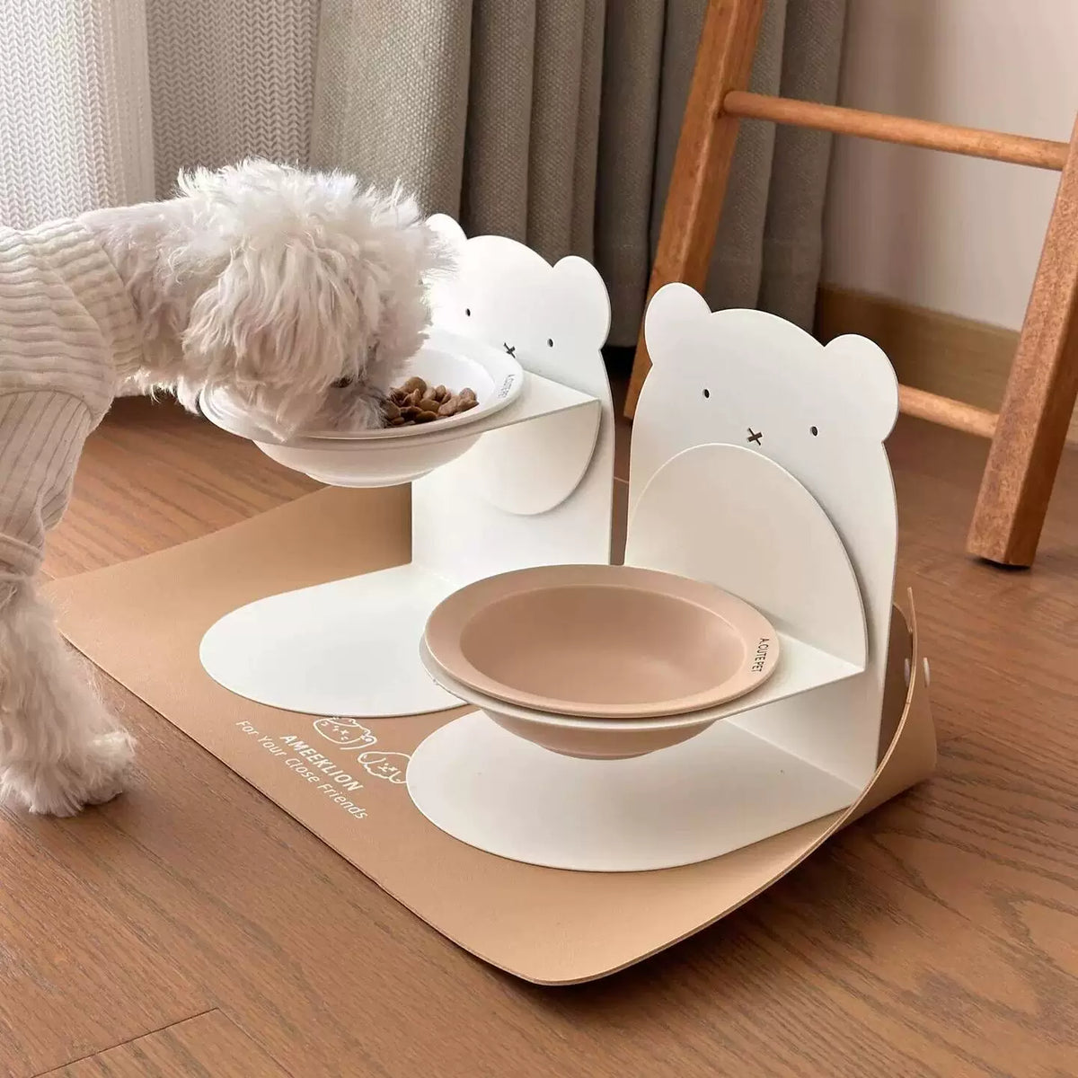 Ceramic Pet Bowl with Adjustable Elevated Stand for Cats and Small Dogs, Tilted Design for Neck Protection, Anti-Spill