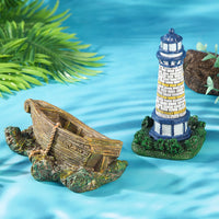 Mediterranean Style Resin Lighthouse Fish Tank Ornament with Small Wooden Boat and Reef Decor