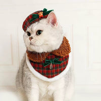 Christmas Pet Hat and Bib Set for Cats and Small Dogs, Festive Octagonal Hat and Scarf Costume