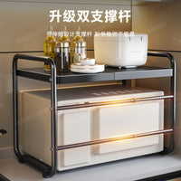 Expandable Microwave Oven Rack with Hooks, 2-Tier Countertop Storage Shelf for Kitchen Spices, Dishes, and Cookware
