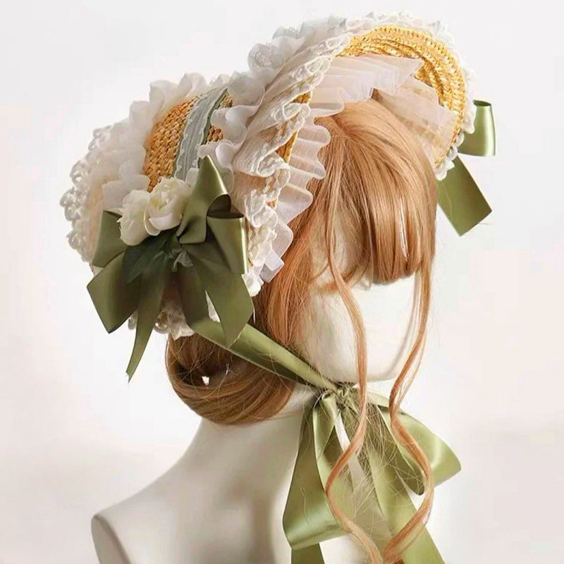 Bonnet Straw Hat with Ribbon Bow for Lolita Dresses and Light Apparel