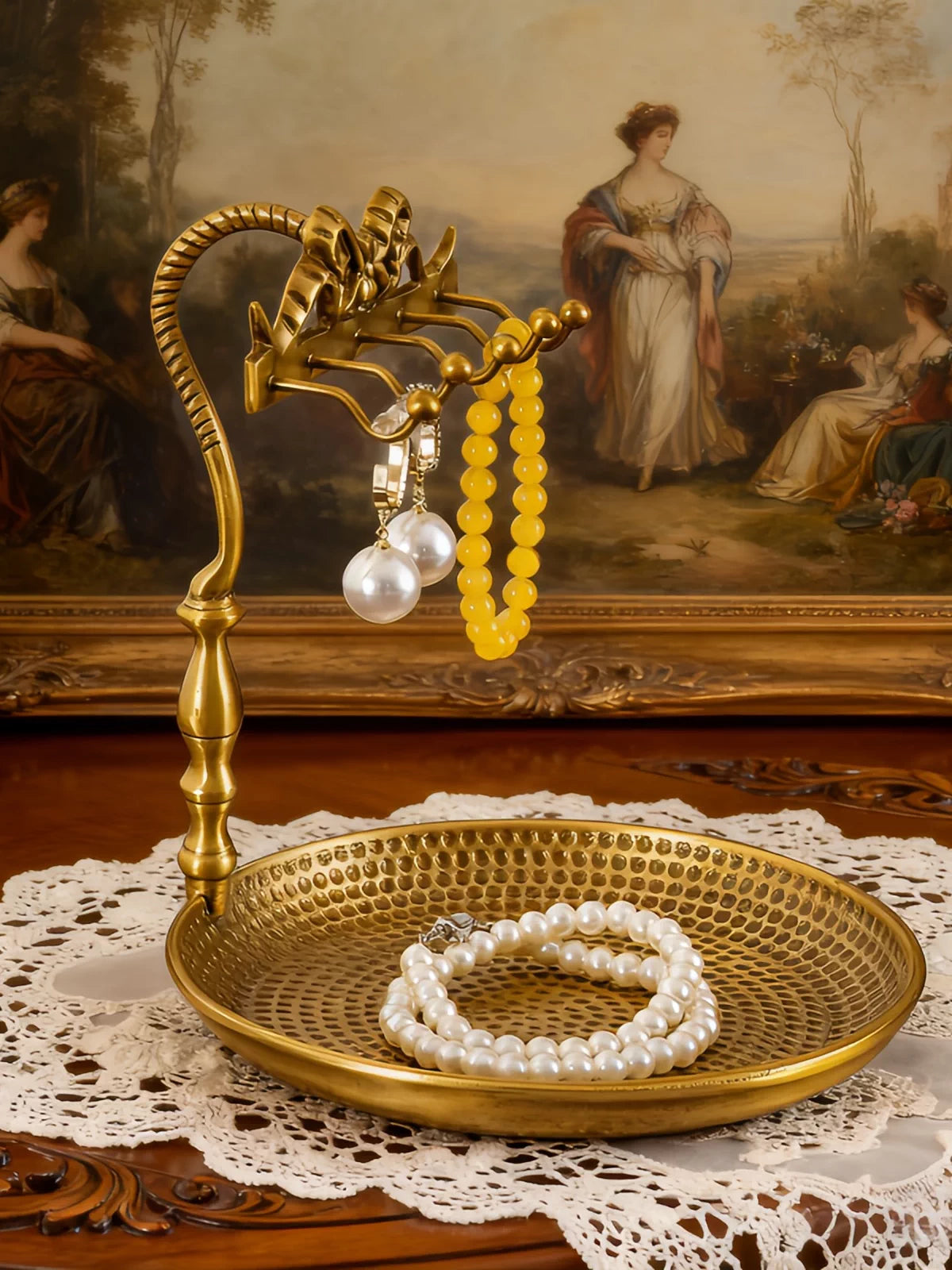 European Vintage Brass Jewelry Stand with Storage Tray for Bedroom Dresser and Entryway
