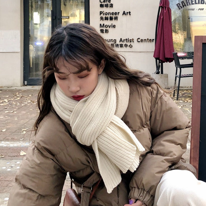 Korean Style Knitted Wool Scarf for Women, Thickened Warm Neck Warmer, Solid Color