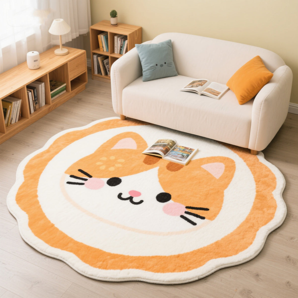 Cartoon Cat Round Faux Cashmere Area Rug for Kids' Room and Living Room, Non-Slip Floor Mat