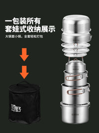 Outdoor Camping Cookware Set with Kettle and Frying Pan, Stainless Steel Portable Cooking Pot for Backpacking and Travel