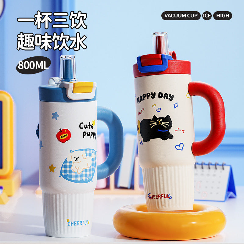 Cartoon Straw Insulated Tumbler with Handle - 316 Stainless Steel Large Capacity Water Bottle