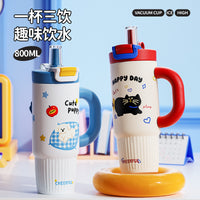 Cartoon Straw Insulated Tumbler with Handle - 316 Stainless Steel Large Capacity Water Bottle