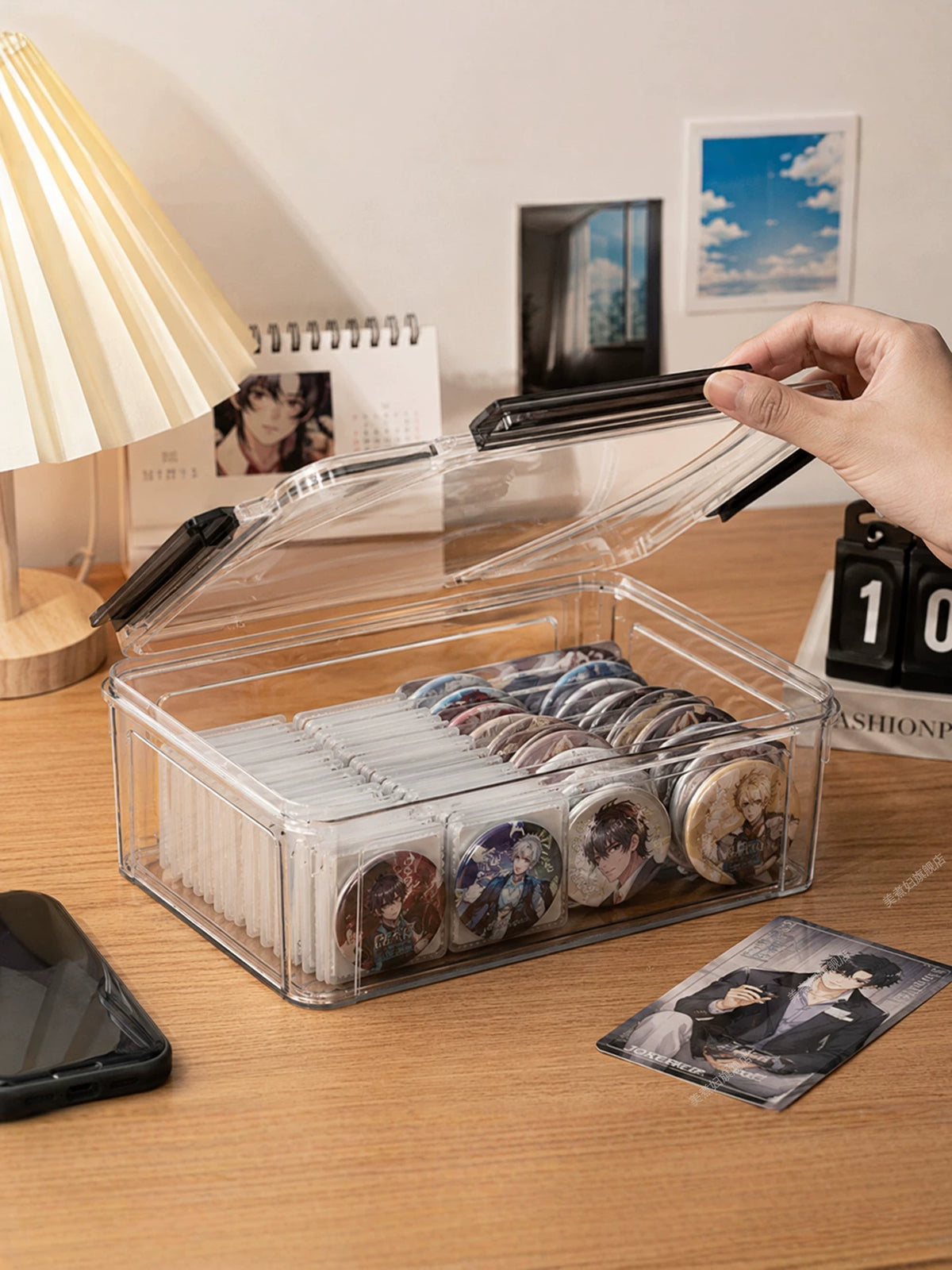 Clear Desktop Storage Box with Lid for Stationery, Badges, and Collectibles