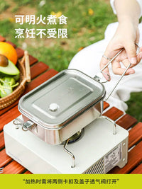 Outdoor Camping Square Stainless Steel Food Storage Container with Folding Handle, Airtight, Heatable, Freezable, Divided Lunch Box