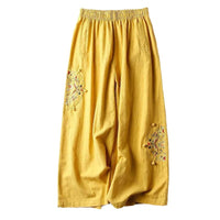 Women's Cotton Linen Embroidered Wide-Leg Cropped Pants
