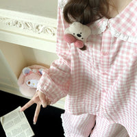 Women's Cloud Cotton Plaid Pajama Set with Doll Collar Long Sleeve