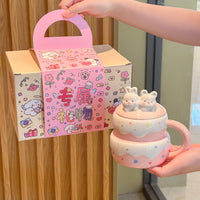 Cute Birthday Cake Ceramic Mug with Lid and Spoon, Gift for Girls and Friends