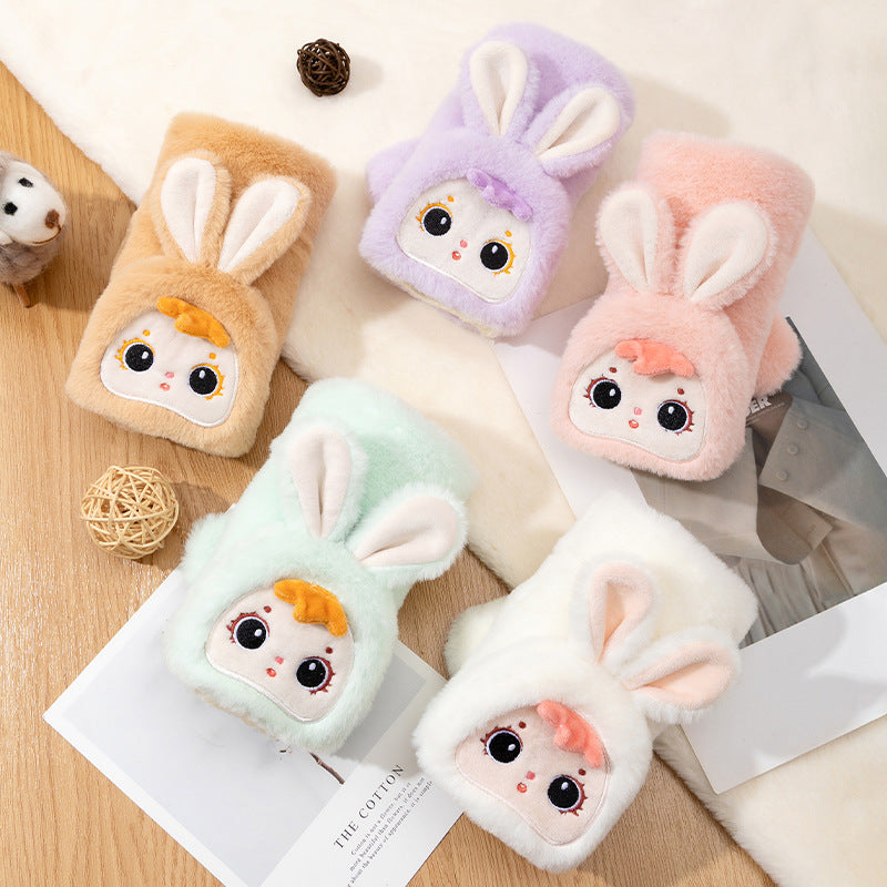Cute Half-Finger Flip-Top Gloves for Winter, Thickened Plush Lined Warm Writing Gloves for Students and Office