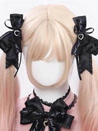 Gothic Lolita Bow Hair Clip Brooch Set with Ribbon and Letter Accents
