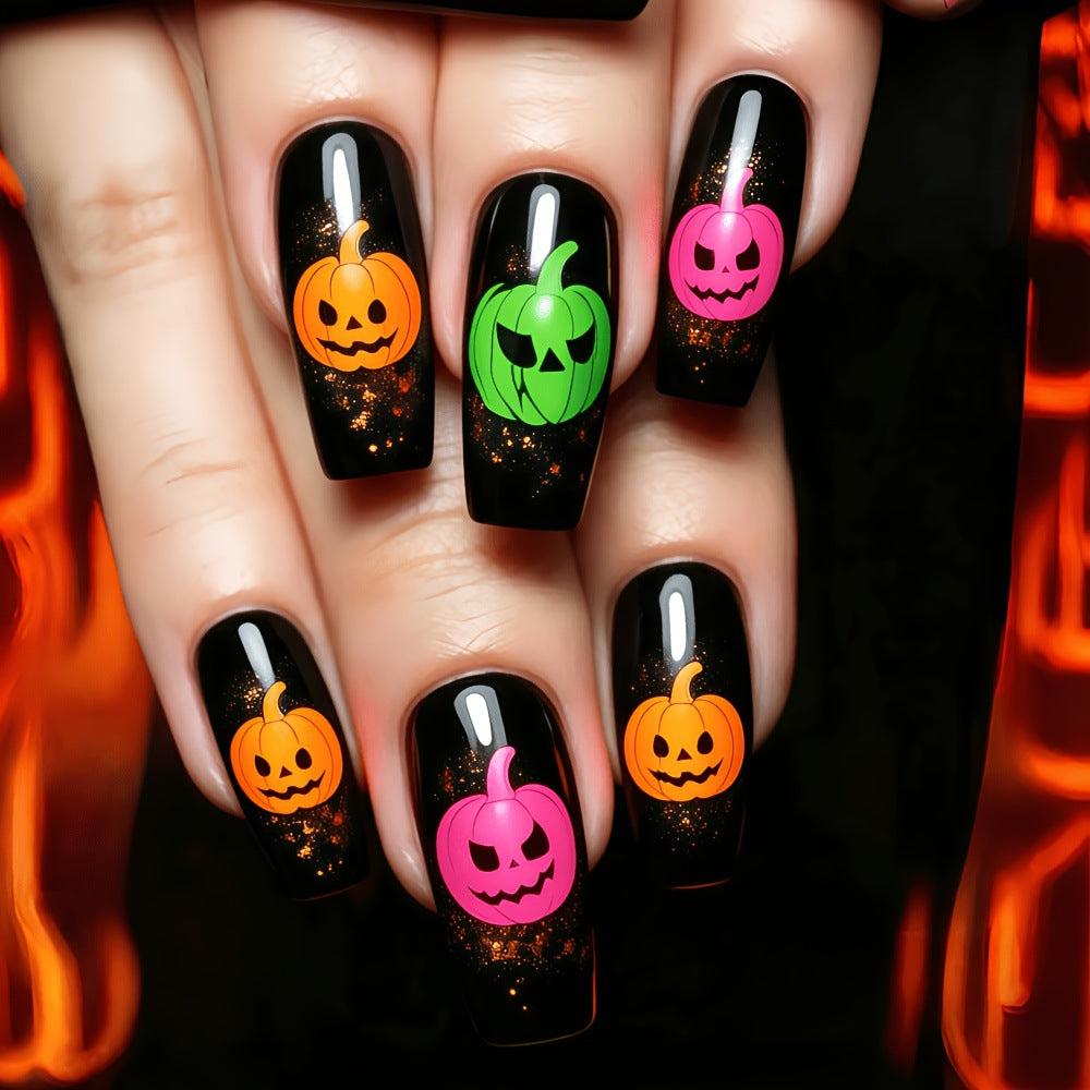 Halloween Pumpkin Theme Press-On Nails, 24pcs Set with Jelly Glue & Nail File