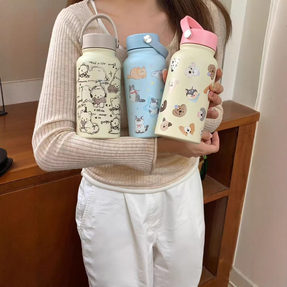 Cute Cartoon Large Capacity Insulated Water Bottle with Handle, Stainless Steel Portable Thermos for Women
