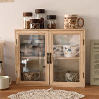 Solid Wood Retro Blind Box Display Cabinet with Double Doors and Multi-layer Storage for Cosmetics and Desktop Organization