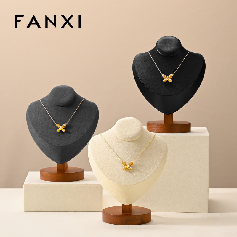 FANXI Solid Wood Microfiber Necklace Display Stand Mannequin Bust for Pendants
