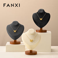 FANXI Solid Wood Microfiber Necklace Display Stand Mannequin Bust for Pendants