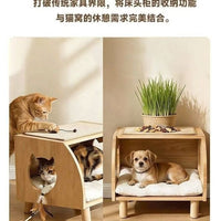 Solid Wood Cat House with Scratching Board and Toys