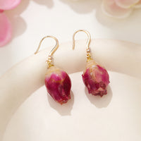 Red Rose Dried Flower Bud Earrings for Women, Romantic French Vintage Style