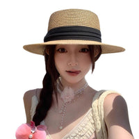 Women's French Flat Top Wide Brim Straw Fedora for Summer Beach & Garden Sun Protection