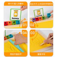 Kids Montessori Wooden Alphabet Spelling Sand Tray Toy with Double-Sided Cards