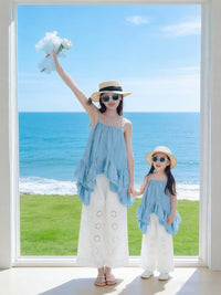 Mother-Daughter Matching Summer Beach Outfits - Blue Strappy Dress & White Hollow-Out Wide-Leg Pants