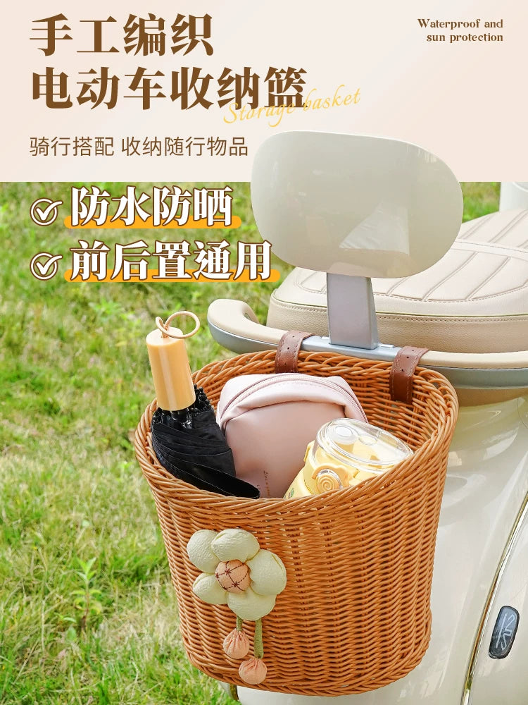 Electric Bicycle Rear Basket Woven Rattan Style Front Storage Pouch Universal for Kids' Bikes