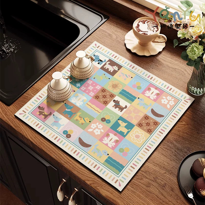 Cartoon Square Kitchen Countertop Dish Drying Mat Absorbent Quick Dry Sink Mat for Dishes and Utensils