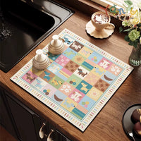 Cartoon Square Kitchen Countertop Dish Drying Mat Absorbent Quick Dry Sink Mat for Dishes and Utensils