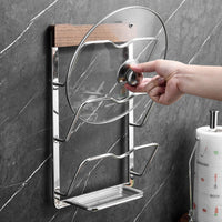 Walnut Wood & 304 Stainless Steel Wall-Mounted Pot Lid Holder with Drip Tray, No-Drill Kitchen Organizer for Cutting Boards