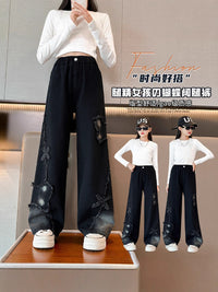 Girls' Wide-Leg Jeans with Butterfly Patch, Casual Denim Trousers for Students
