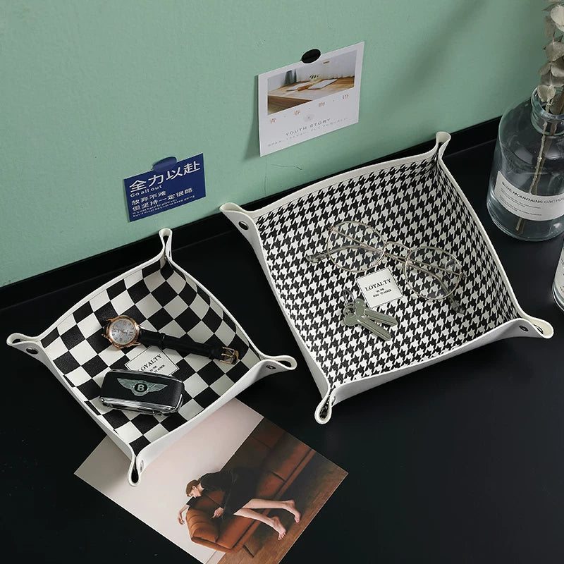 Houndstooth Leather Valet Tray for Keys, Watches, Glasses, and Desktop Organization