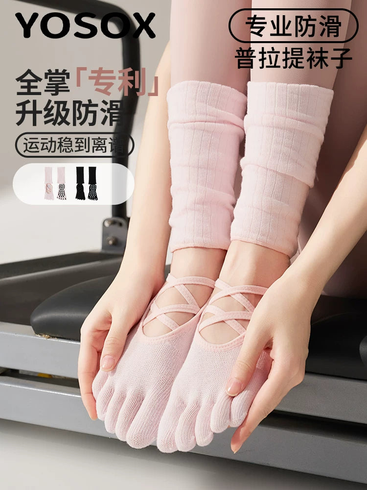 Anti-Slip Yoga Pilates Toe Socks for Women, Professional Fitness Grip Socks