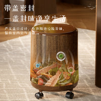 Wood Grain Round Trash Can with Wheels, Large Capacity Household Waste Bin