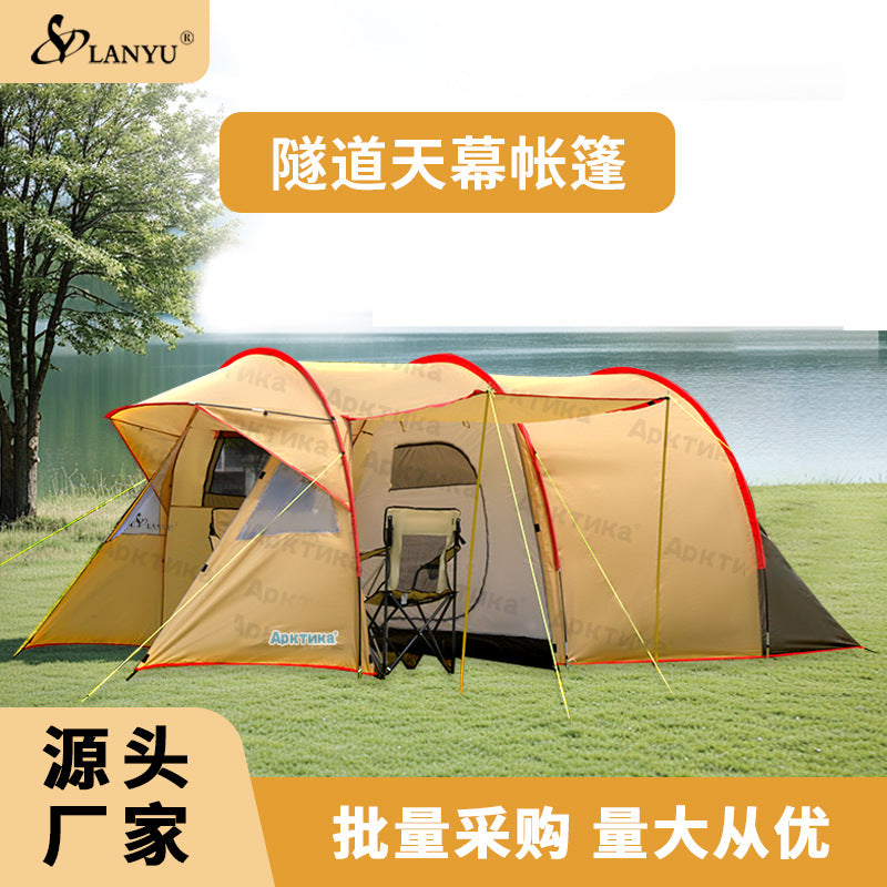 Double Layer Tunnel Tent for Outdoor Camping, Large Space, Rainproof, Sunshade, Mosquito Net