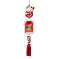 Lucky Cat Ceramic Car Ornament with Bell and Amulet Bag