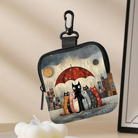 Cute Cat Print Faux Leather Coin Purse with Zipper Closure, Mini Multifunctional Storage Bag for Earphones