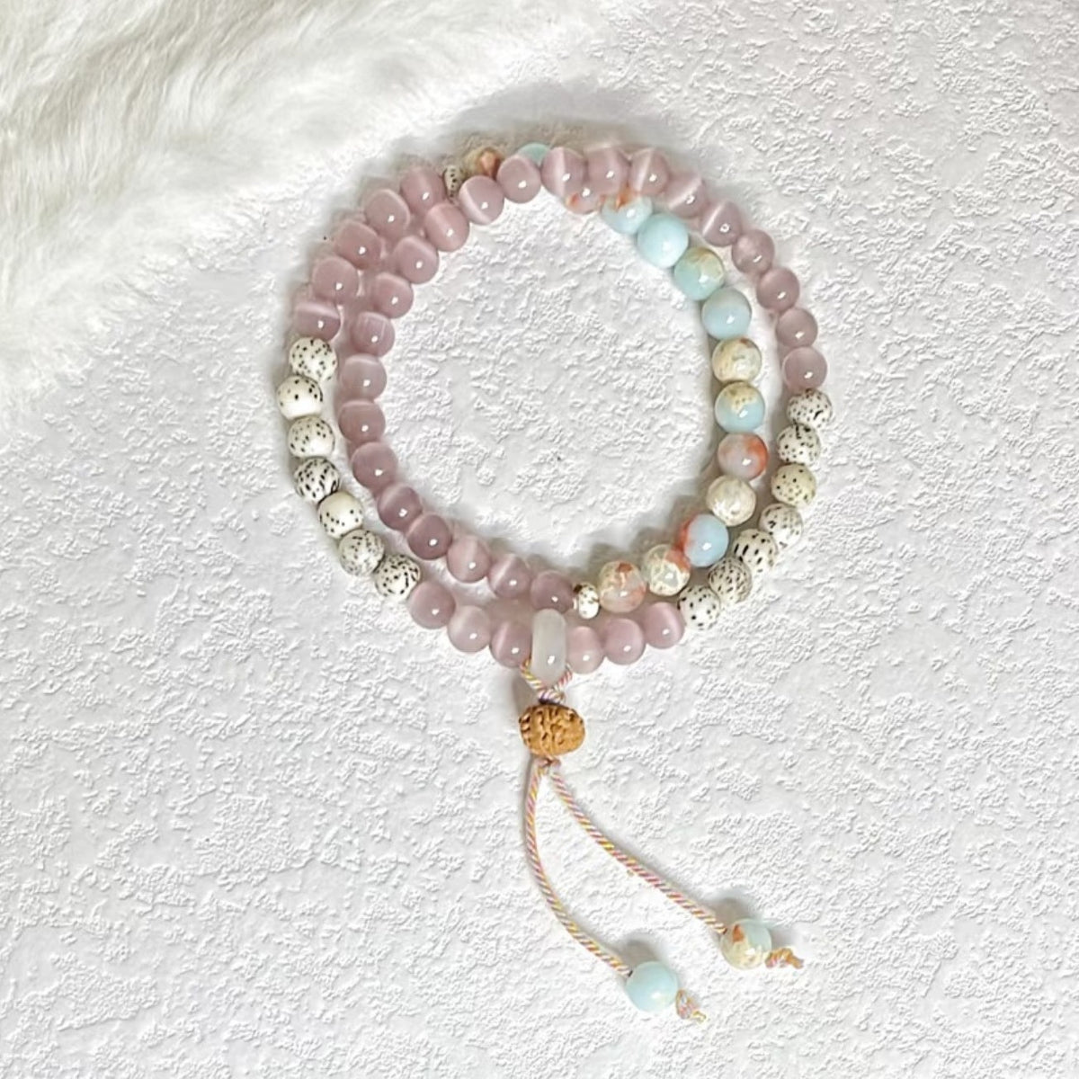 Dreamy Rose Pink Cat Eye Stone Double-Wrap Bracelet with Chinese Beaded Design