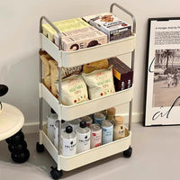 Cream White Vertical Stripe Mobile Storage Cart with Wheels, Multi-layer Floor-standing Organizer for Home and Snacks