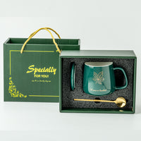 Large Capacity Ceramic Mug with Lid and Spoon, Ginkgo Leaf Design Coffee Cup for Home and Couples