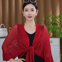 Knitted Shrug with Butterfly Sleeves and Silver Thread Detail, Hollow Ice Silk Sun Protection Shawl