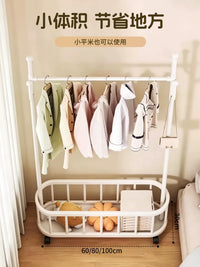 Floor-Standing Garment Rack with Storage Basket and Wheels for Bedroom Dormitory