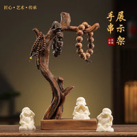 Vintage Style Solid Wood Jewelry Display Stand with Monk Figurine for Bracelets, Necklaces, and Keys