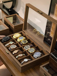 Premium Walnut Wood Grain Watch Storage Box with Clear Lid, Multi-Slot Organizer